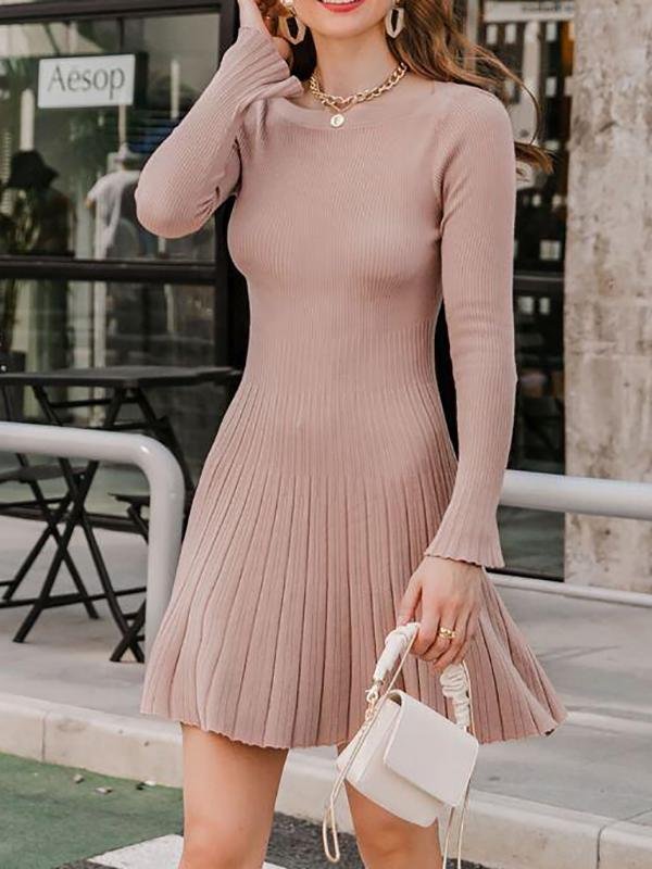 Boat Neck Ribbed Knit Sweater Dress Without Belt - LuckyFash™