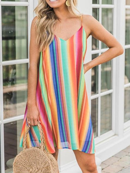 Bohemian Multicolor Striped Chiffon Sleeveless Sling Beach Short Dress - LuckyFash™