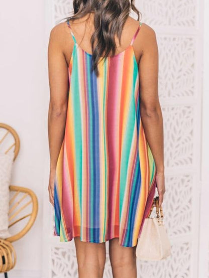 Bohemian Multicolor Striped Chiffon Sleeveless Sling Beach Short Dress - LuckyFash™
