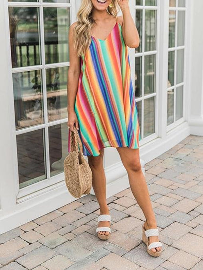 Bohemian Multicolor Striped Chiffon Sleeveless Sling Beach Short Dress - LuckyFash™