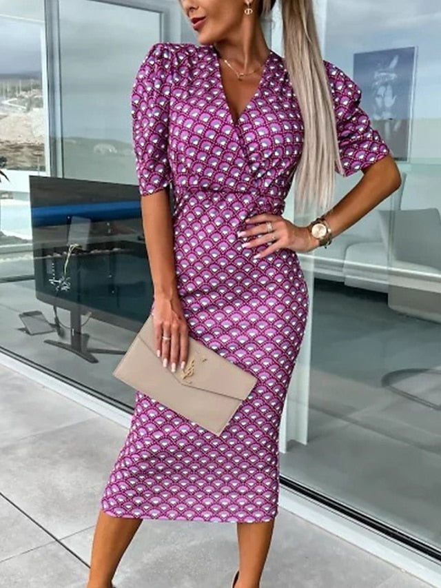 Women's Work Dress Sheath Dress Semi Formal Dress Fashion Puff Sleeve Midi Dress Print V Neck Short Sleeve Geometric Loose Fit Blue Purple Fuchsia Summer Spring S M L XL XXL - LuckyFash™