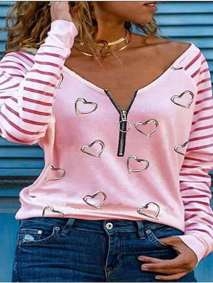 Women's Blouse Pink Khaki Dark Gray Heart Zipper Long Sleeve Daily Going out Casual V Neck Loose Fit S - LuckyFash™