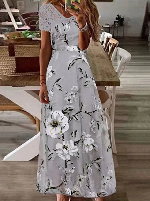 Women's A Line Dress Long Dress Maxi Dress Gray Short Sleeve Floral Lace Spring Summer V Neck Casual 2023 S M L XL XXL - LuckyFash™