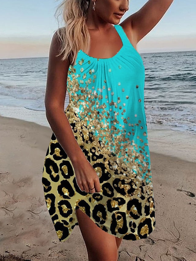 Women's Beach Dress Beach Wear Mini Dress Print Tropical Fashion Leopard Spaghetti Strap Sleeveless Loose Fit Outdoor Daily Blue Fuchsia 2023 Summer Spring S M L XL - LuckyFash™