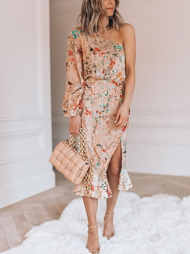 Women's A Line Dress Midi Dress Beige Long Sleeve Floral Ruffle Winter Fall Autumn One Shoulder Vacation Winter Dress Fall Dress Spring Dress Loose Fit 2023 S M L XL - LuckyFash™