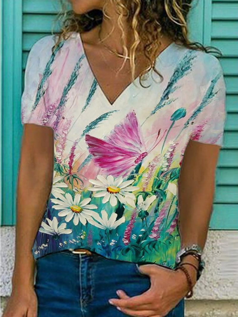 Butterfly Flower Print Loose V-neck Short Sleeve T-shirt - LuckyFash™