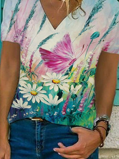 Butterfly Flower Print Loose V-neck Short Sleeve T-shirt - LuckyFash™