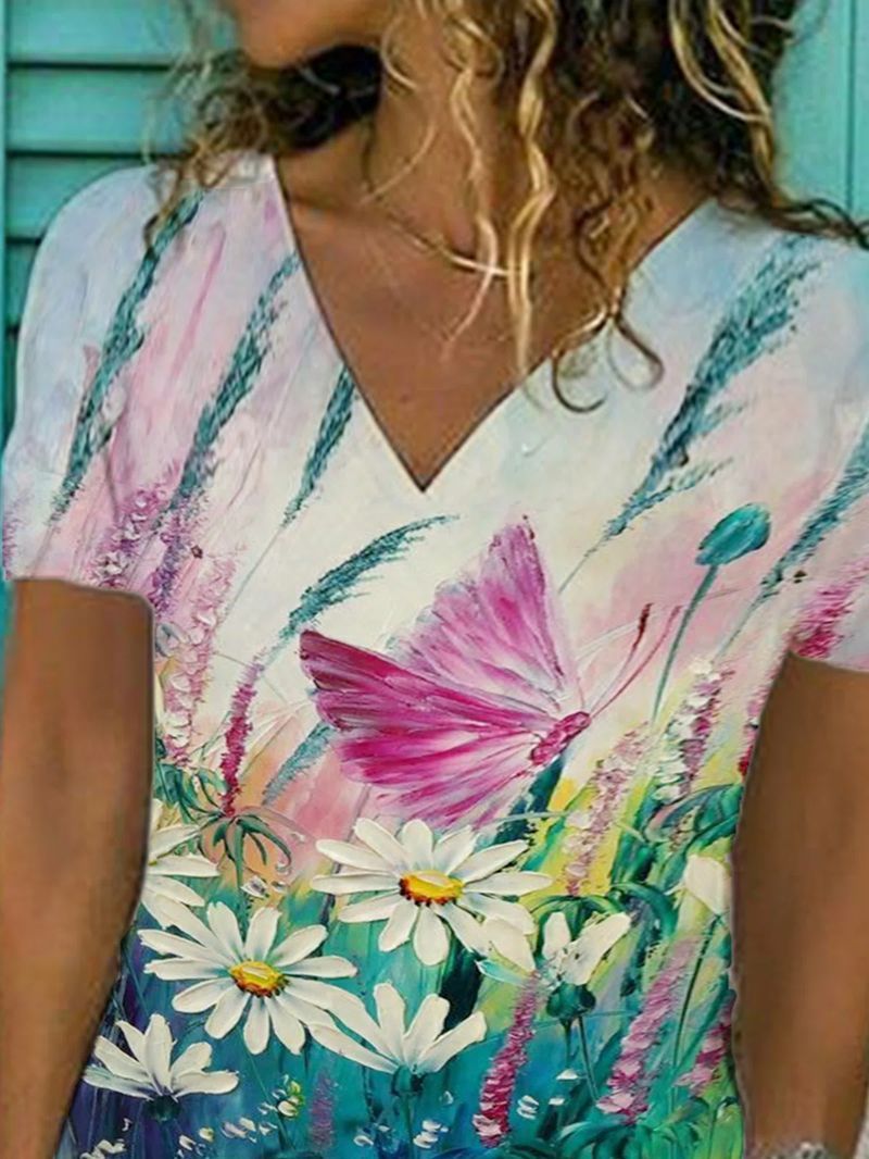 Butterfly Flower Print Loose V-neck Short Sleeve T-shirt - LuckyFash™