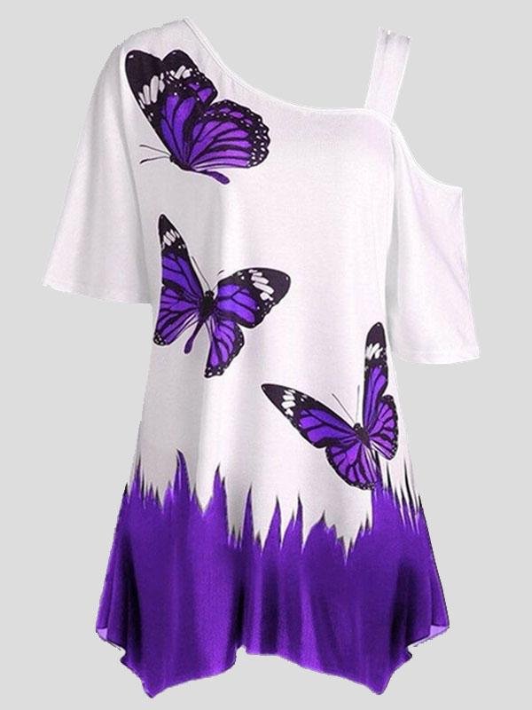 Butterfly Print One-shoulder Short-sleeved T-shirt - LuckyFash™