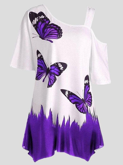 Butterfly Print One-shoulder Short-sleeved T-shirt - LuckyFash™