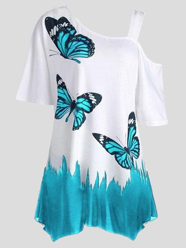 Butterfly Print One-shoulder Short-sleeved T-shirt - LuckyFash™