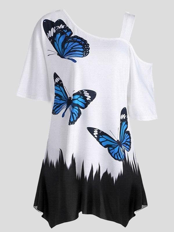 Butterfly Print One-shoulder Short-sleeved T-shirt - LuckyFash™