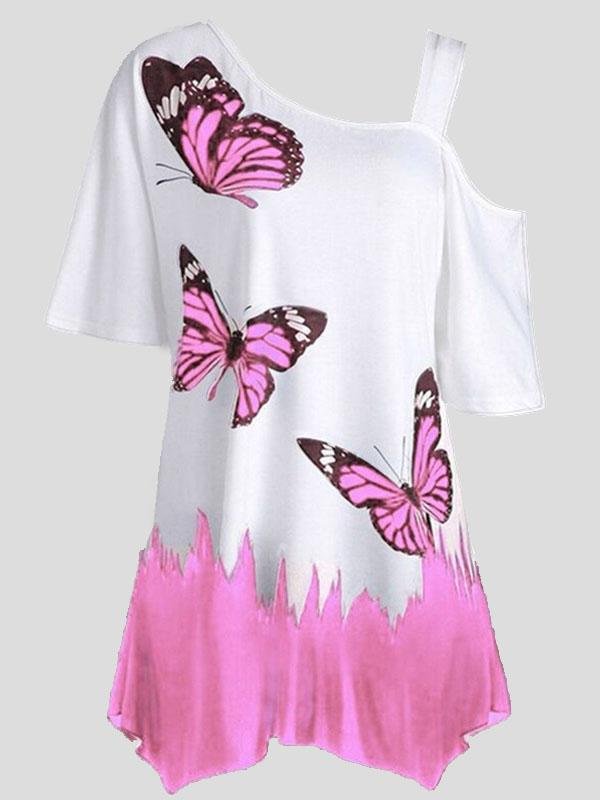 Butterfly Print One-shoulder Short-sleeved T-shirt - LuckyFash™