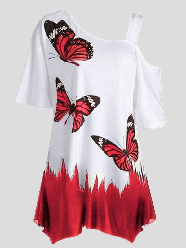 Butterfly Print One-shoulder Short-sleeved T-shirt - LuckyFash™