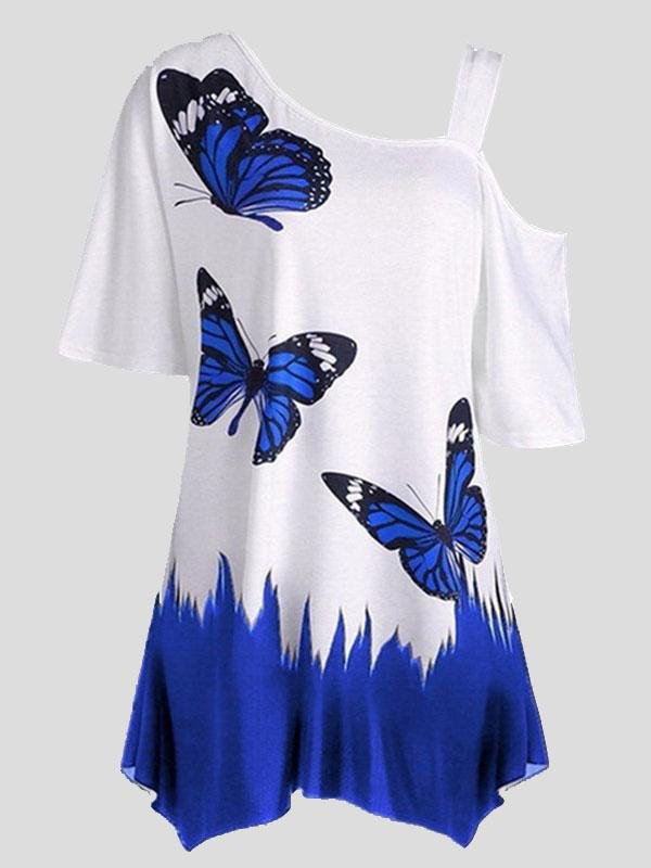 Butterfly Print One-shoulder Short-sleeved T-shirt - LuckyFash™
