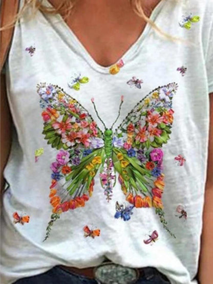 Butterfly Print Short-sleeved V-neck Casual T-shirt - LuckyFash™