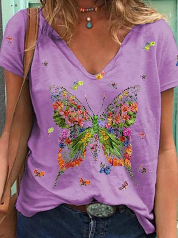 Butterfly Print Short-sleeved V-neck Casual T-shirt - LuckyFash™