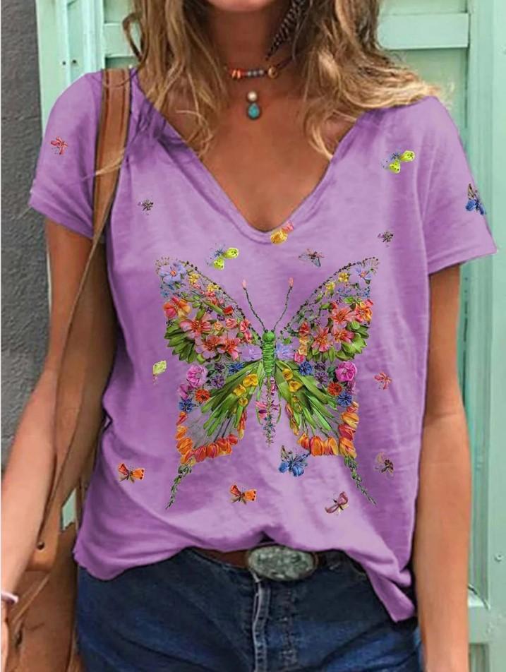 Butterfly Print Short-sleeved V-neck Casual T-shirt - LuckyFash™