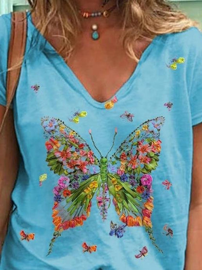 Butterfly Print Short-sleeved V-neck Casual T-shirt - LuckyFash™