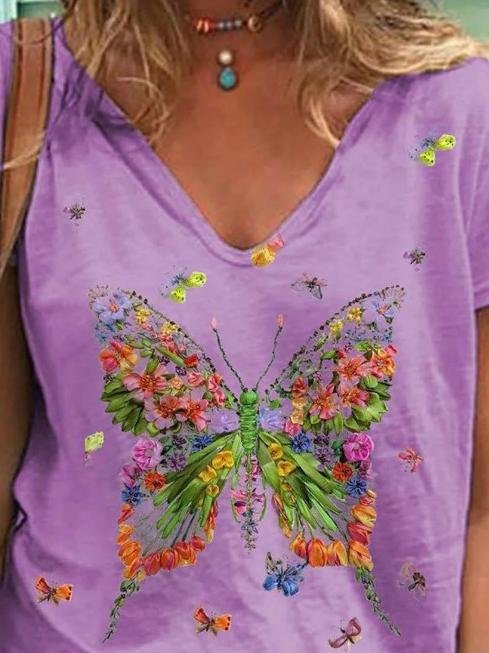 Butterfly Print Short-sleeved V-neck Casual T-shirt - LuckyFash™