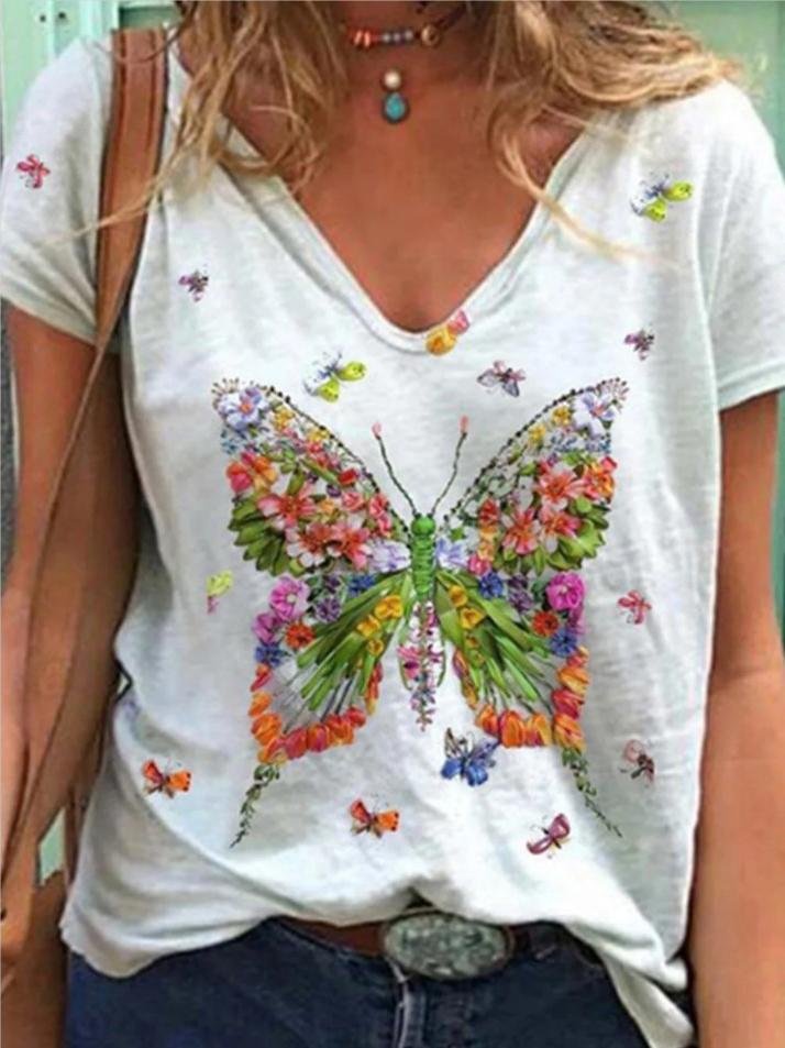 Butterfly Print Short-sleeved V-neck Casual T-shirt - LuckyFash™