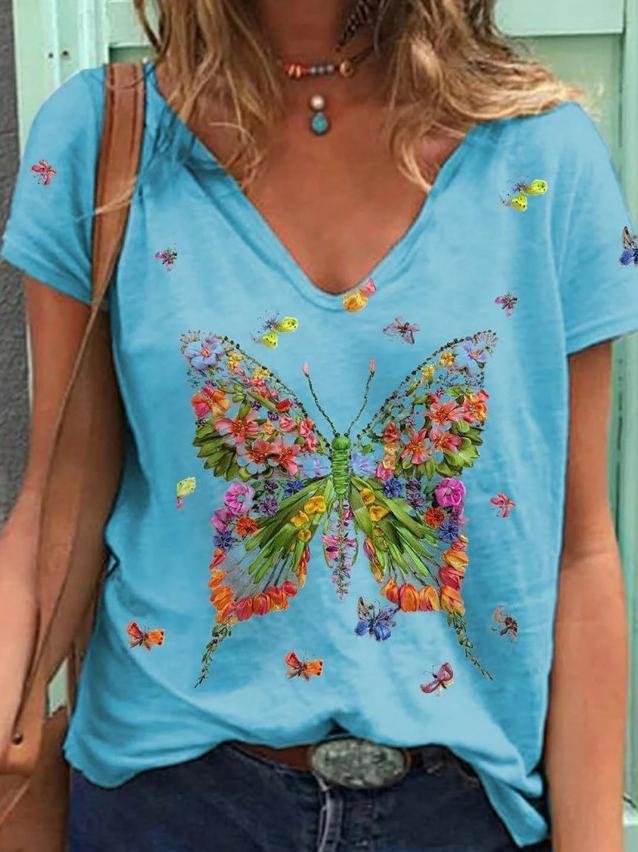 Butterfly Print Short-sleeved V-neck Casual T-shirt - LuckyFash™