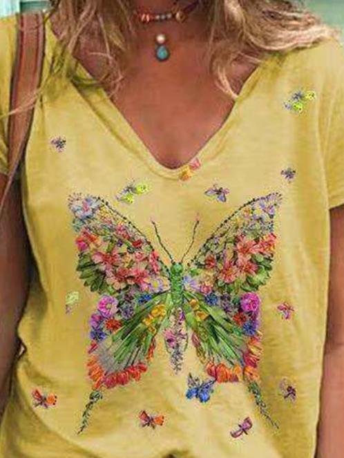 Butterfly Print Short-sleeved V-neck Casual T-shirt - LuckyFash™