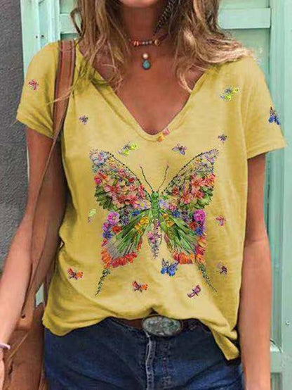 Butterfly Print Short-sleeved V-neck Casual T-shirt - LuckyFash™