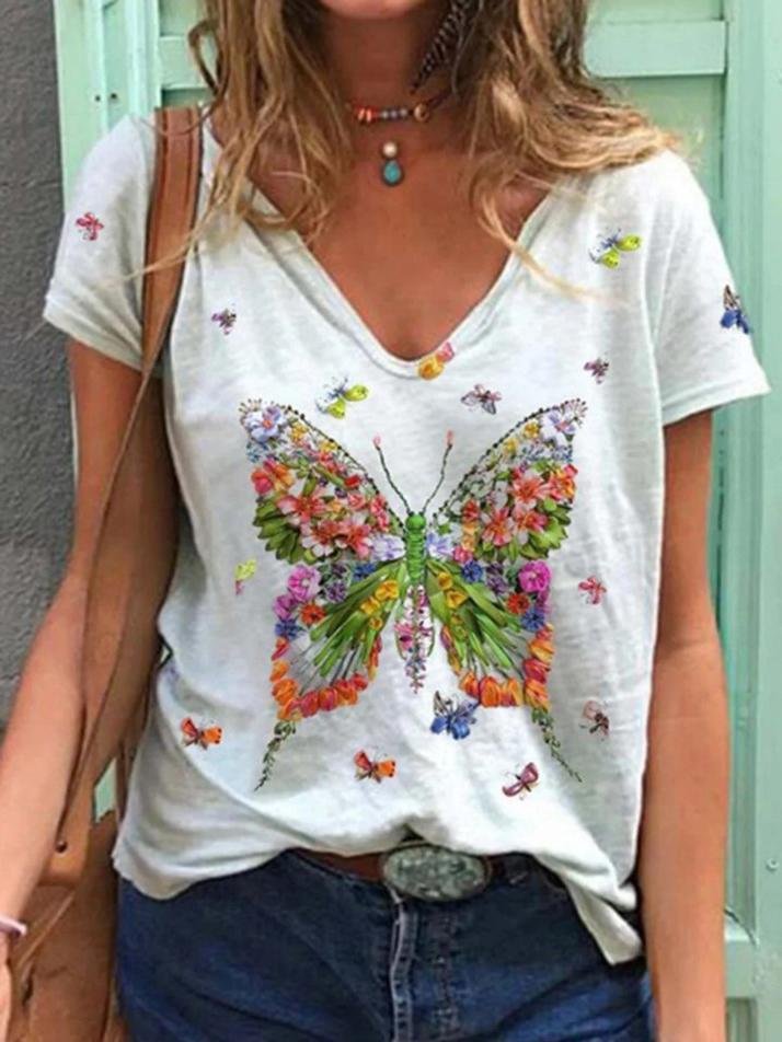 Butterfly Print Short-sleeved V-neck Casual T-shirt - LuckyFash™