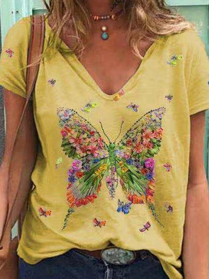 Butterfly Print Short-sleeved V-neck Casual T-shirt - LuckyFash™