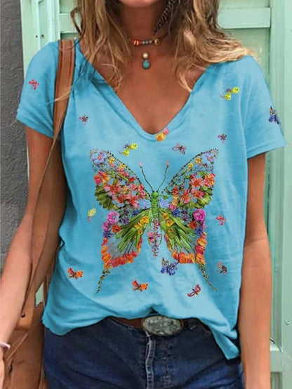 Butterfly Print Short-sleeved V-neck Casual T-shirt - LuckyFash™