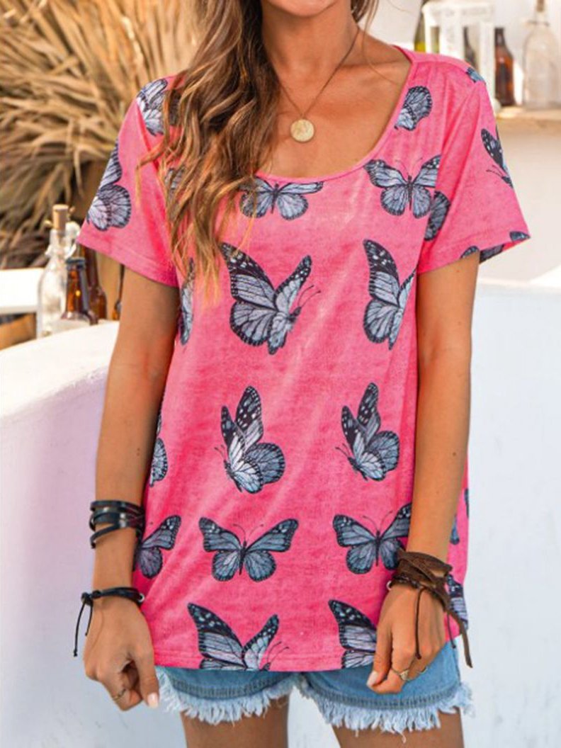 Butterfly Vintage Short Sleeve Round Neck Casual T-shirt - LuckyFash™