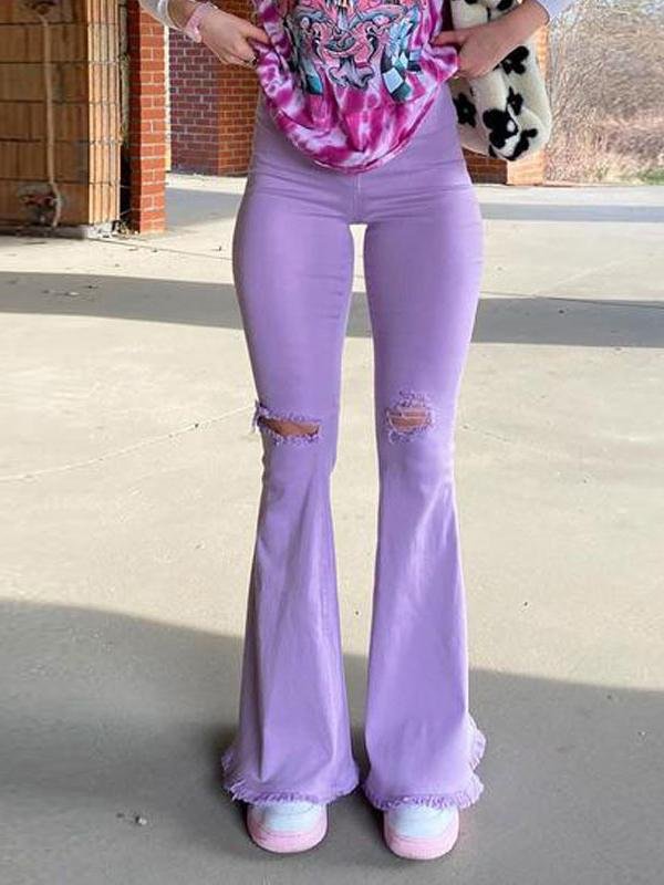 Buttocks Ripped Flared Trousers Colored Stretch Denim Jeans - LuckyFash™