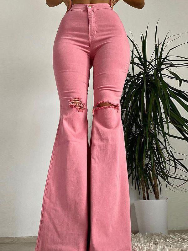 Buttocks Ripped Flared Trousers Colored Stretch Denim Jeans - LuckyFash™