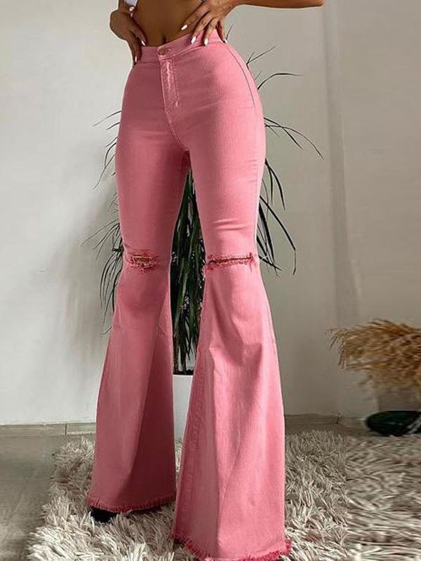 Buttocks Ripped Flared Trousers Colored Stretch Denim Jeans - LuckyFash™