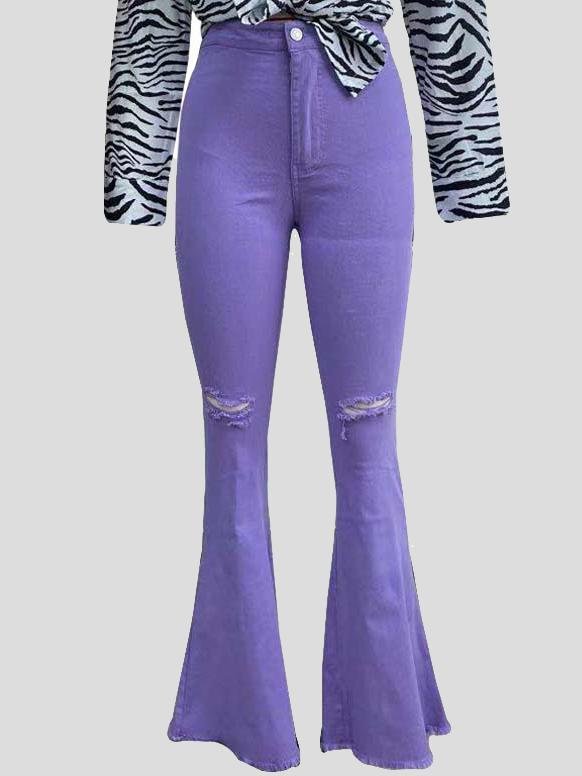 Buttocks Ripped Flared Trousers Colored Stretch Denim Jeans - LuckyFash™
