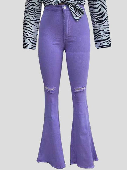 Buttocks Ripped Flared Trousers Colored Stretch Denim Jeans - LuckyFash™