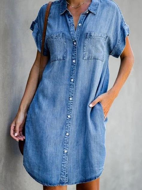 Button Short Sleeve Denim Shirt Dress - LuckyFash™