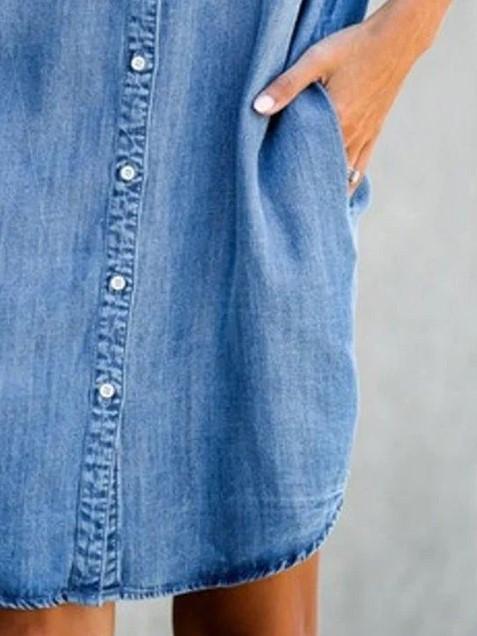 Button Short Sleeve Denim Shirt Dress - LuckyFash™