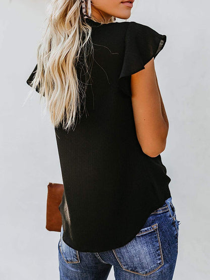 Buttoned V-neck Blouse With Ruffled Sleeves Knotted Chiffon Shirt - LuckyFash™