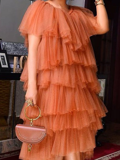 Womenâ€˜s Party Dress Wedding Guest Cocktail Dress Semi Formal Dress Midi Dress Orange Short Sleeve Pure Color Mesh Summer Spring Crew Neck Party Summer Dress Loose Fit 2023 S M L XL 2XL 3XL - LuckyFash™