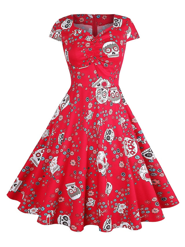 Women's 1950s Vintage Vintage Dress Midi Dress Going out Summer Dress Print Bull One Shoulder Short Sleeve Regular Fit Summer Spring 2023 Red S M L XL - LuckyFash™