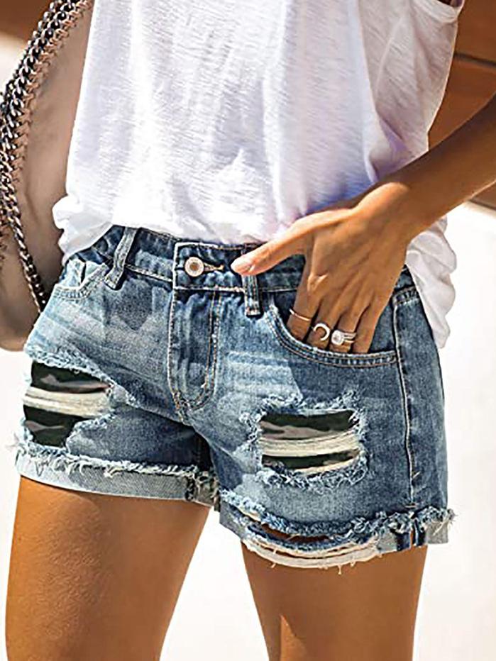 Camouflage Sunflower Ripped Patch Jeans Shorts - LuckyFash™