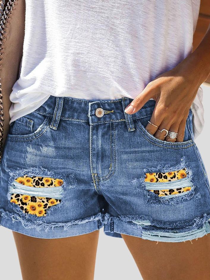 Camouflage Sunflower Ripped Patch Jeans Shorts - LuckyFash™