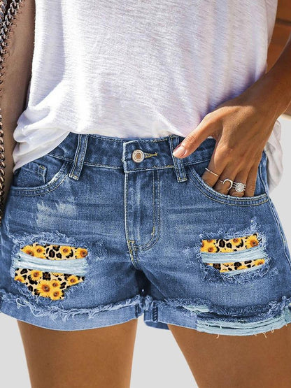 Camouflage Sunflower Ripped Patch Jeans Shorts - LuckyFash™