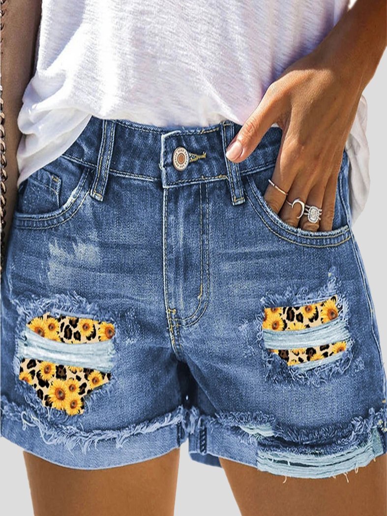 Camouflage Sunflower Ripped Patch Jeans Shorts - LuckyFash™