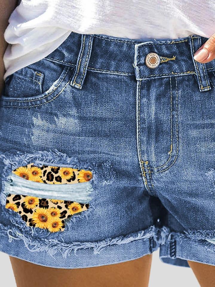 Camouflage Sunflower Ripped Patch Jeans Shorts - LuckyFash™