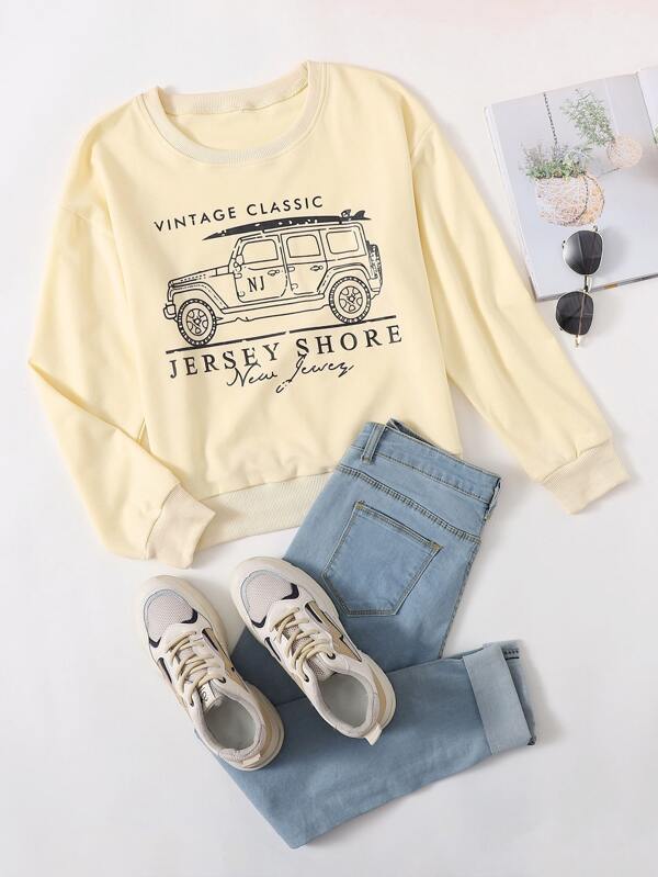 Car And Letter Graphic Sweatshirt - LuckyFash™