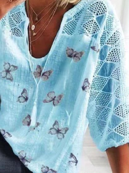 Casual Butterfly Printed Round Neck 3/4 Sleeve T-shirt - LuckyFash™