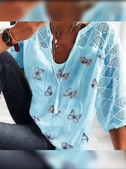 Casual Butterfly Printed Round Neck 3/4 Sleeve T-shirt - LuckyFash™